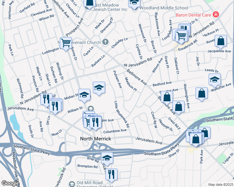 map of restaurants, bars, coffee shops, grocery stores, and more near 920 Putnam Avenue in Merrick