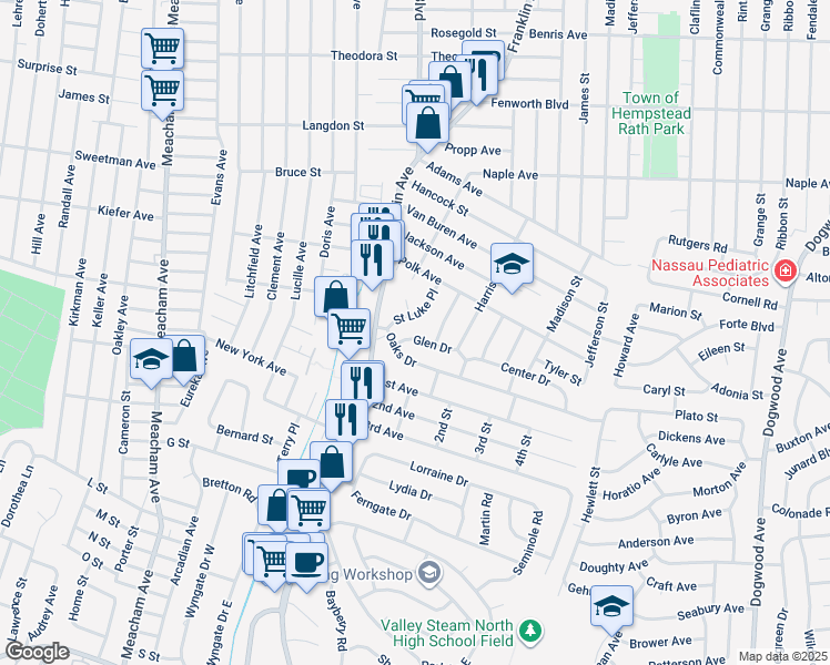 map of restaurants, bars, coffee shops, grocery stores, and more near 427 Saint Luke Place in Franklin Square