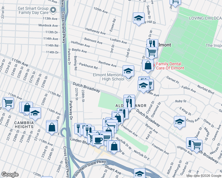 map of restaurants, bars, coffee shops, grocery stores, and more near 582 Conway Road in Elmont