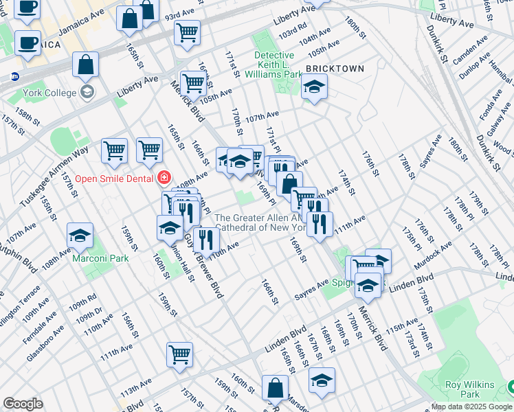 map of restaurants, bars, coffee shops, grocery stores, and more near 109-02 169th Place in Queens