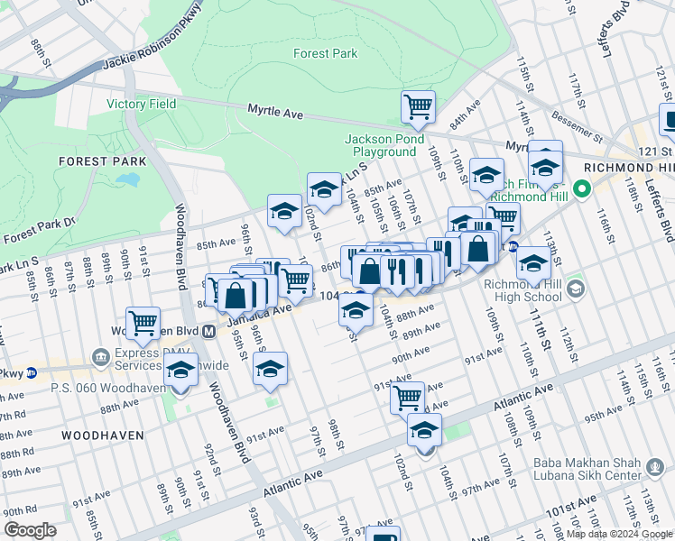 map of restaurants, bars, coffee shops, grocery stores, and more near 102-21 86th Avenue in Queens