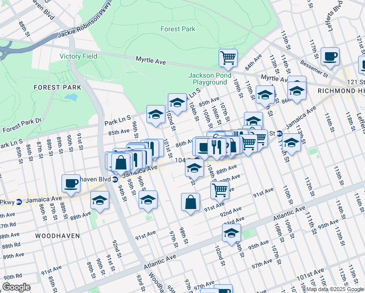 map of restaurants, bars, coffee shops, grocery stores, and more near 102-21 86th Avenue in Queens