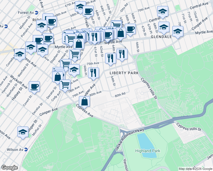 map of restaurants, bars, coffee shops, grocery stores, and more near 77-15 61st Street in Queens