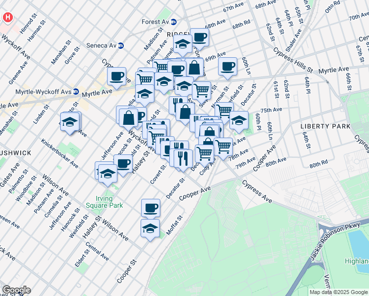 map of restaurants, bars, coffee shops, grocery stores, and more near 16-59 Norman Street in Queens