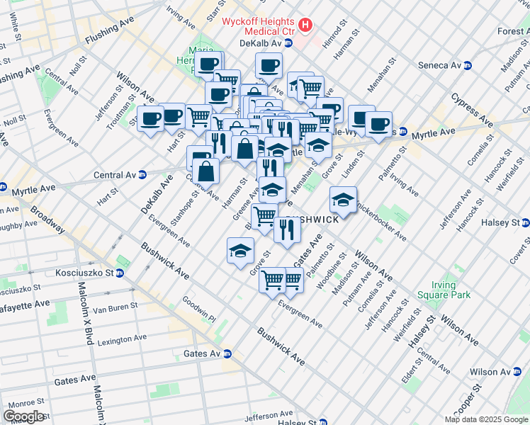 map of restaurants, bars, coffee shops, grocery stores, and more near 155 Bleecker Street in Brooklyn