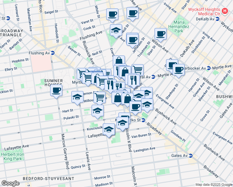 map of restaurants, bars, coffee shops, grocery stores, and more near 912 Willoughby Avenue in Brooklyn