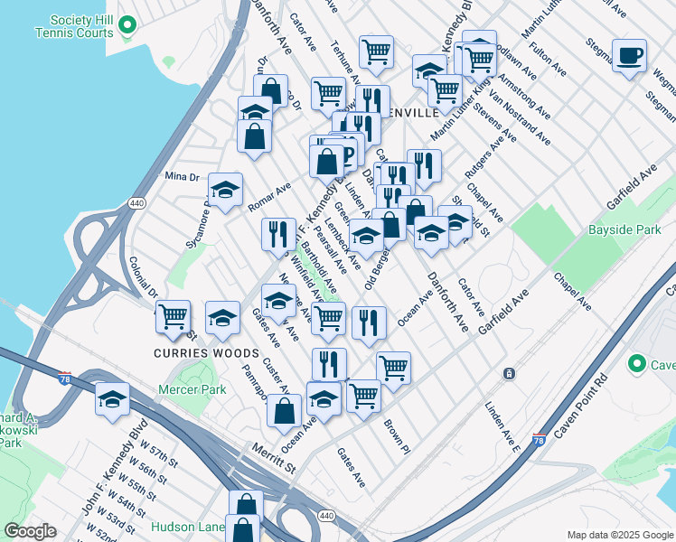 map of restaurants, bars, coffee shops, grocery stores, and more near 202 Pearsall Avenue in Jersey City