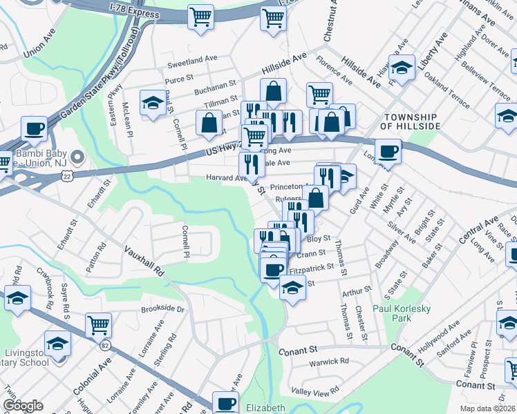 map of restaurants, bars, coffee shops, grocery stores, and more near 374 Bloy Street in Hillside