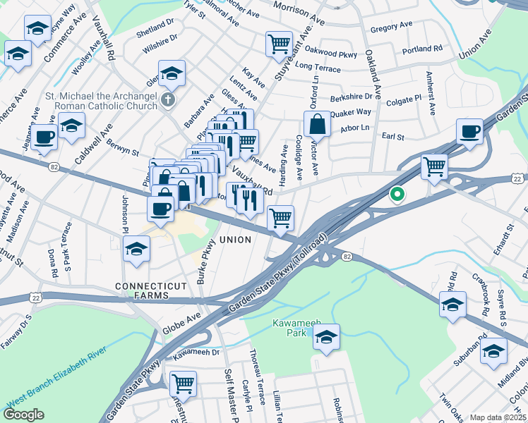 map of restaurants, bars, coffee shops, grocery stores, and more near 1030 Adams Avenue in Union
