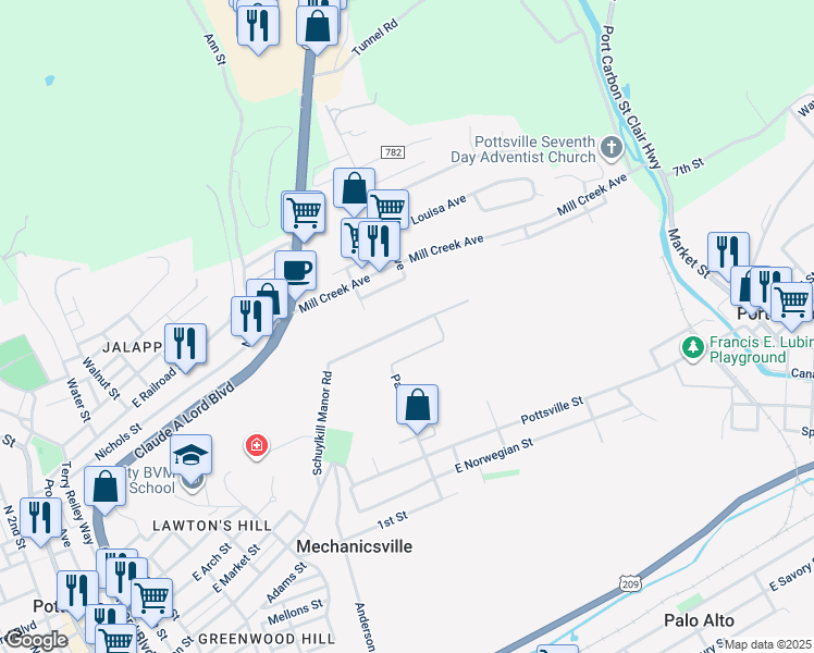 map of restaurants, bars, coffee shops, grocery stores, and more near 1009 Schuylkill Manor Road in Pottsville