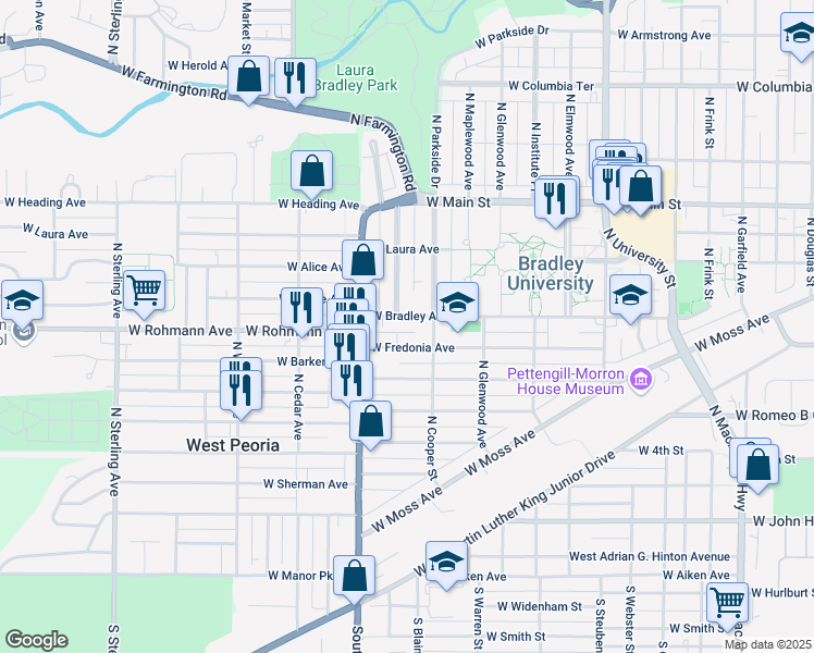map of restaurants, bars, coffee shops, grocery stores, and more near 1711 W Bradley Ave in Peoria