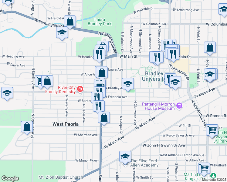 map of restaurants, bars, coffee shops, grocery stores, and more near 1711 W Bradley Ave in Peoria