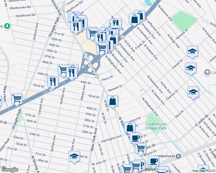 map of restaurants, bars, coffee shops, grocery stores, and more near 24 Oxford Street in Lindenhurst