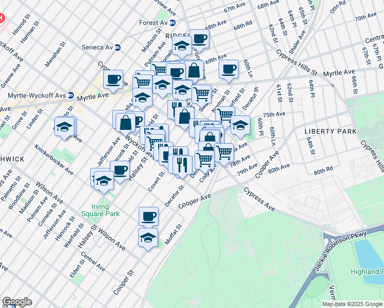 map of restaurants, bars, coffee shops, grocery stores, and more near 1657 Summerfield Street in Queens