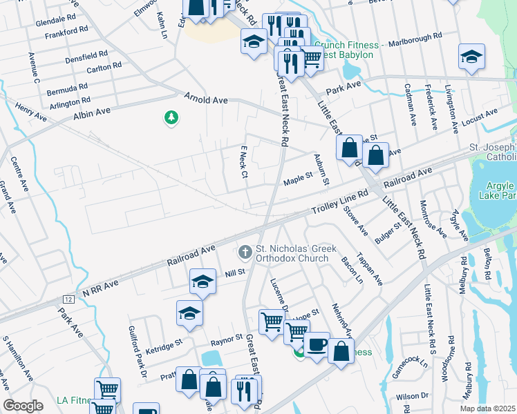 map of restaurants, bars, coffee shops, grocery stores, and more near 288 Great East Neck Road in West Babylon