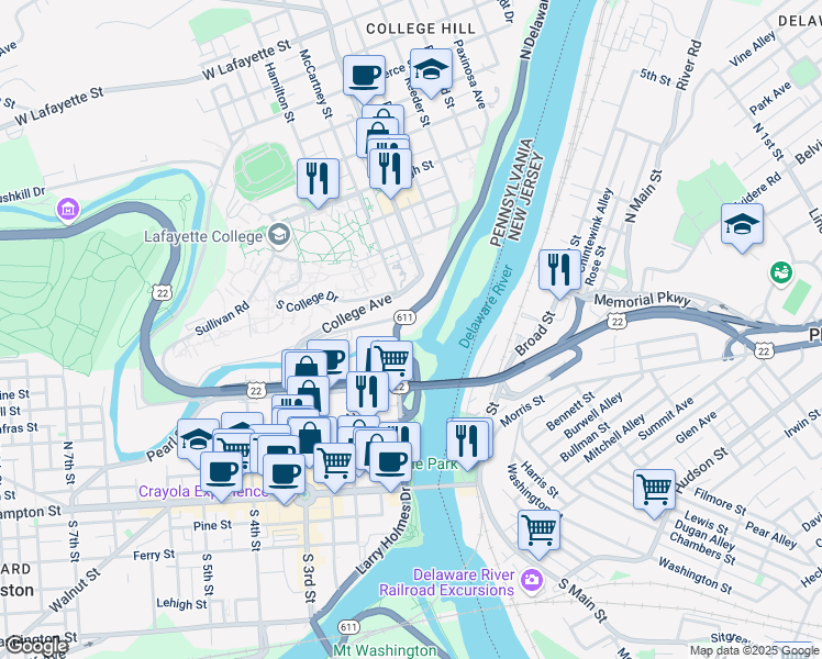 map of restaurants, bars, coffee shops, grocery stores, and more near 10 North Delaware Drive in Easton