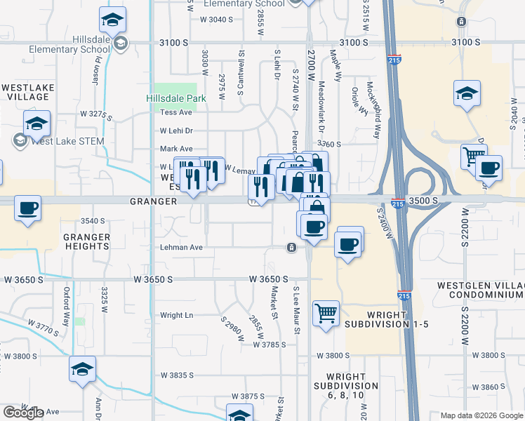 map of restaurants, bars, coffee shops, grocery stores, and more near 3524 Market Street in West Valley City