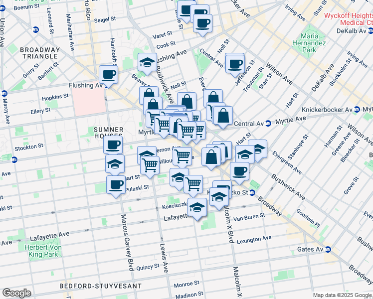 map of restaurants, bars, coffee shops, grocery stores, and more near 6 Stuyvesant Avenue in Brooklyn