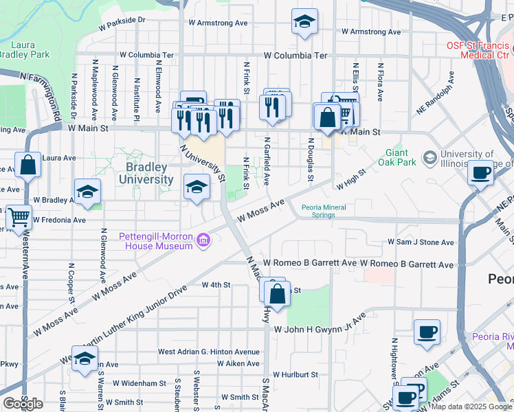 map of restaurants, bars, coffee shops, grocery stores, and more near 915 West Moss Avenue in Peoria