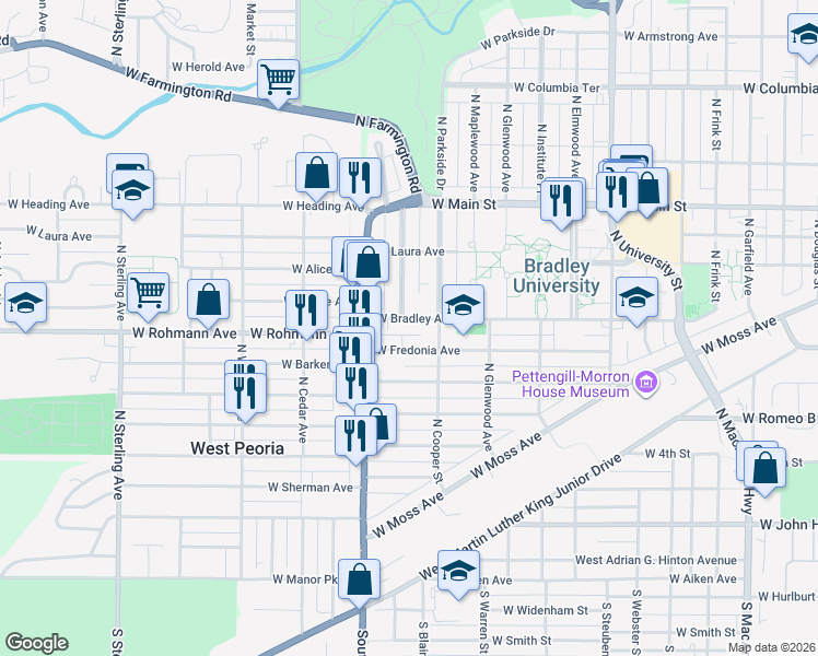 map of restaurants, bars, coffee shops, grocery stores, and more near 1711 W Bradley Ave in Peoria