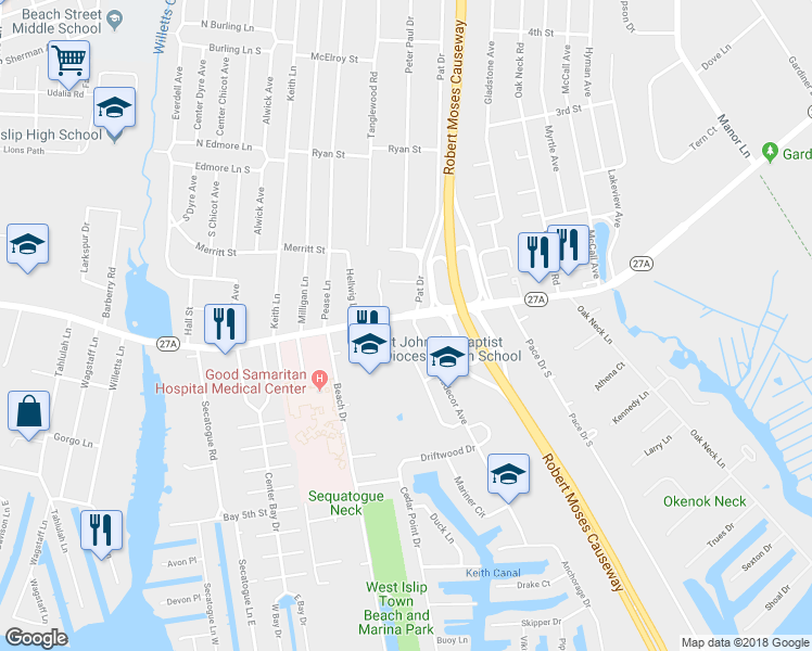 map of restaurants, bars, coffee shops, grocery stores, and more near 1248 Montauk Highway in West Islip