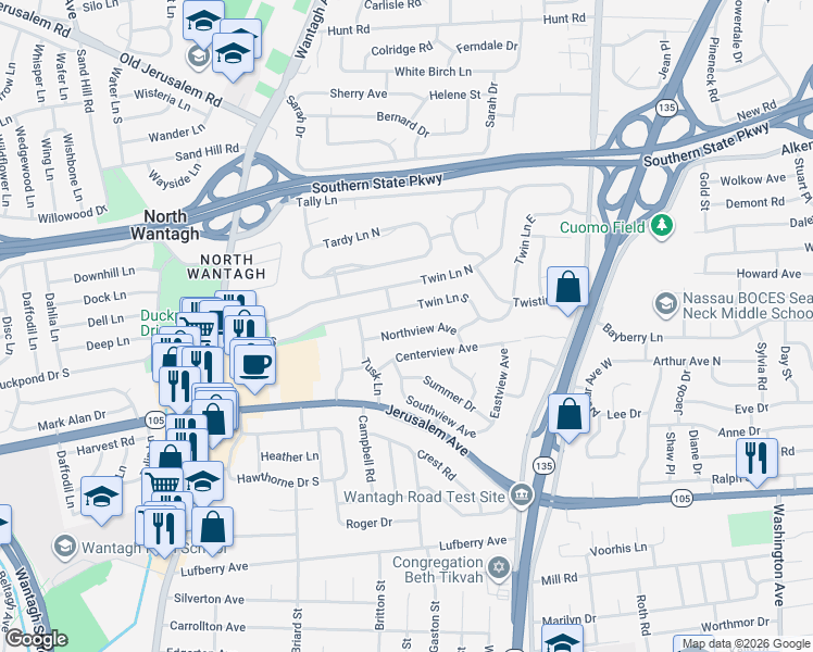 map of restaurants, bars, coffee shops, grocery stores, and more near 359 Twin Lane South in Wantagh