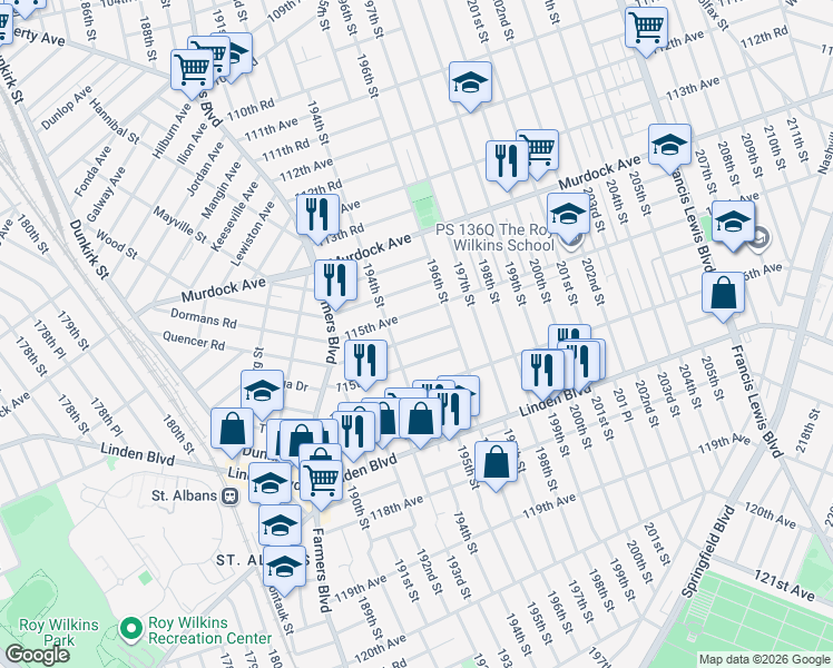 map of restaurants, bars, coffee shops, grocery stores, and more near 194-40 115th Avenue in Queens