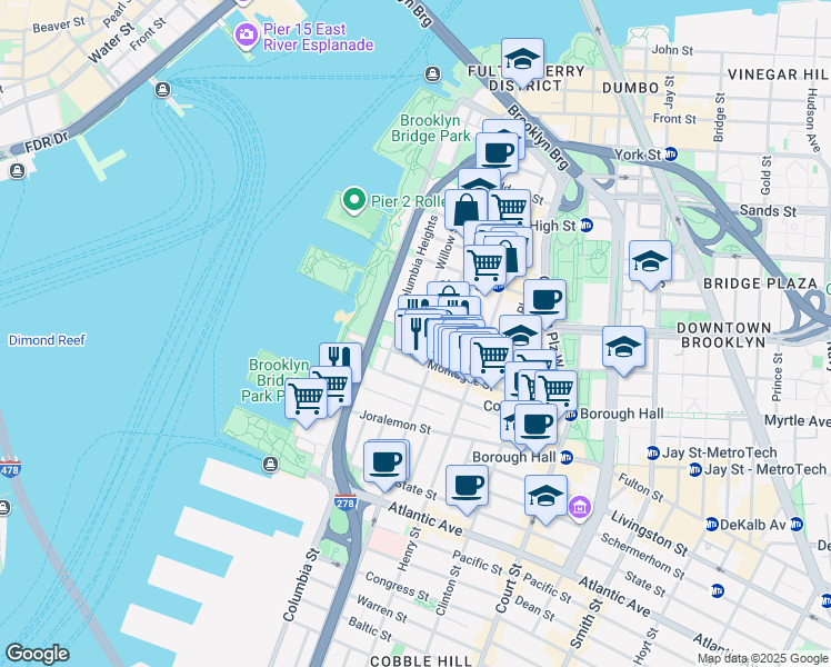 map of restaurants, bars, coffee shops, grocery stores, and more near Pierrepont St & Willow St in Brooklyn