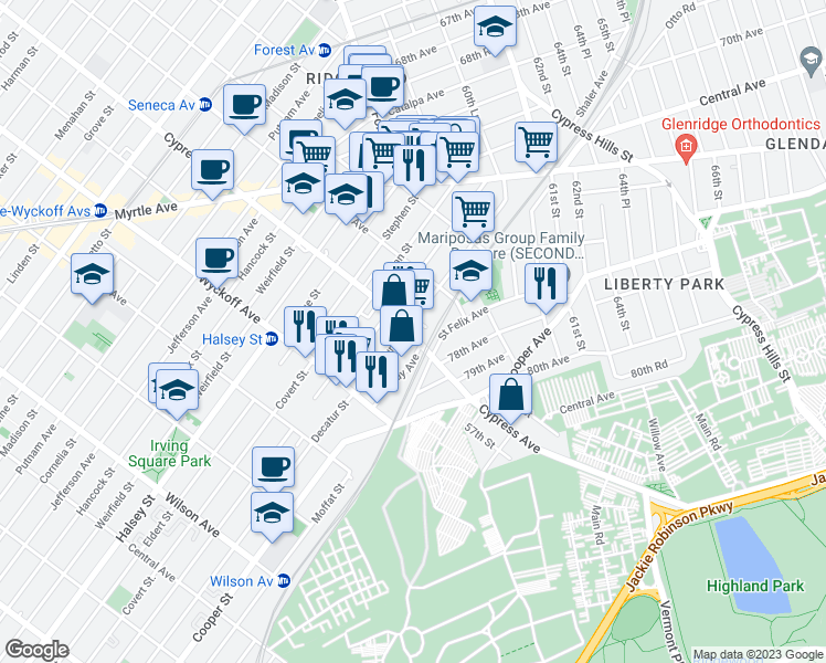 map of restaurants, bars, coffee shops, grocery stores, and more near 11-05 Cypress Avenue in Queens
