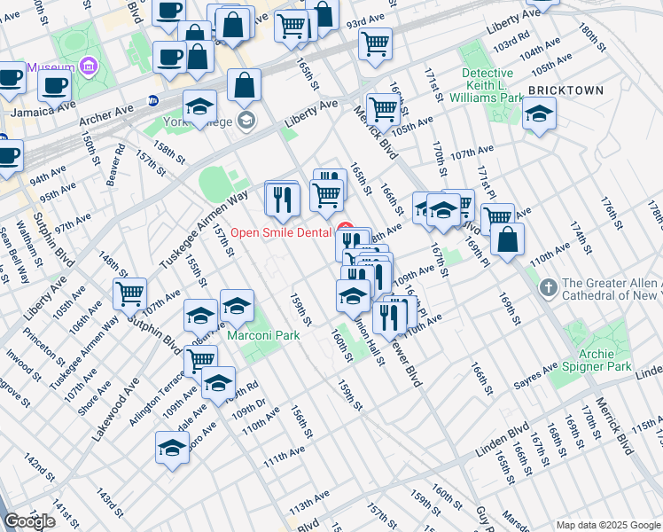 map of restaurants, bars, coffee shops, grocery stores, and more near 107-46 Union Hall Street in Queens