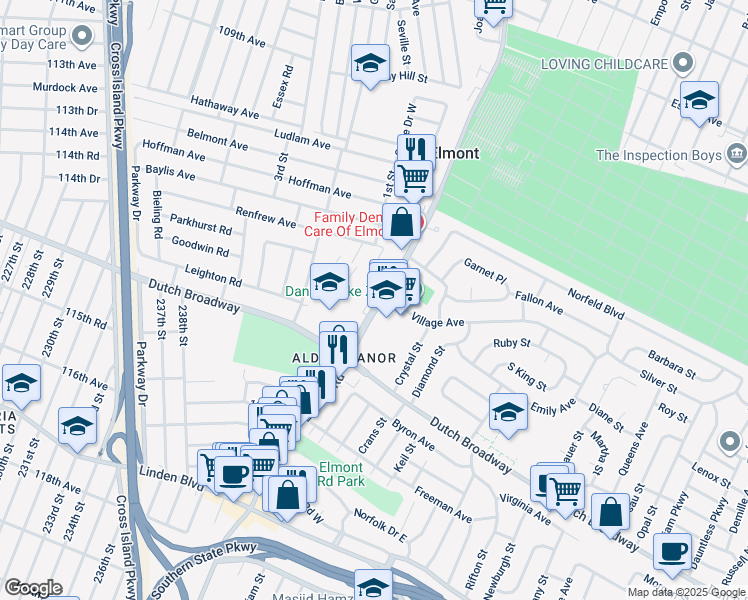 map of restaurants, bars, coffee shops, grocery stores, and more near 17 Village Avenue in Elmont
