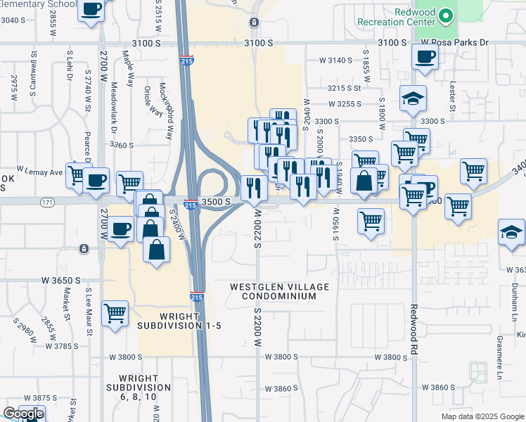 map of restaurants, bars, coffee shops, grocery stores, and more near 3525 2200 West in West Valley City