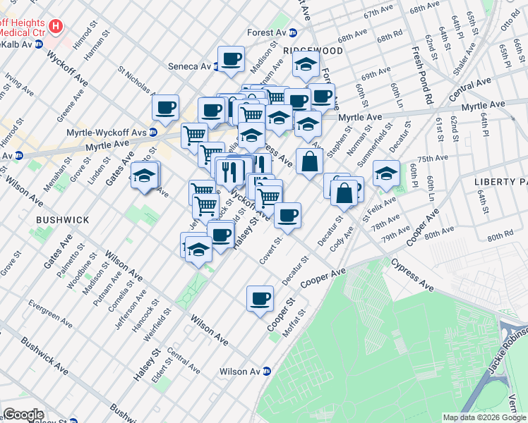 map of restaurants, bars, coffee shops, grocery stores, and more near 987 Wyckoff Avenue in Queens