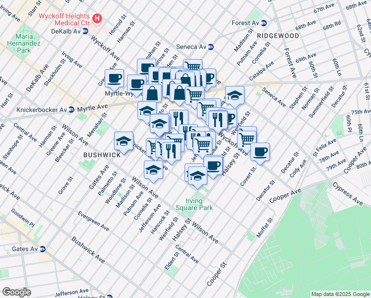 map of restaurants, bars, coffee shops, grocery stores, and more near 429 Irving Avenue in Brooklyn