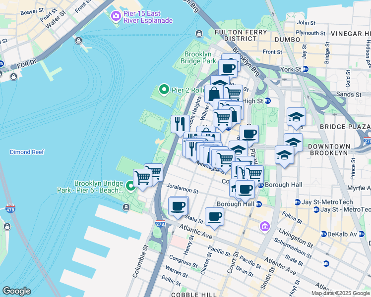 map of restaurants, bars, coffee shops, grocery stores, and more near 152 Willow Street in Brooklyn
