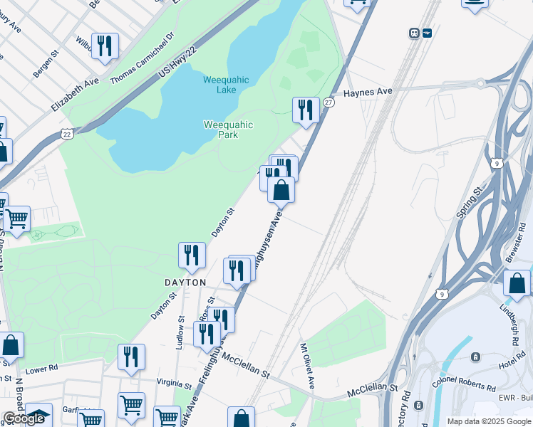 map of restaurants, bars, coffee shops, grocery stores, and more near 125 Seth Boyden Terrace in Newark