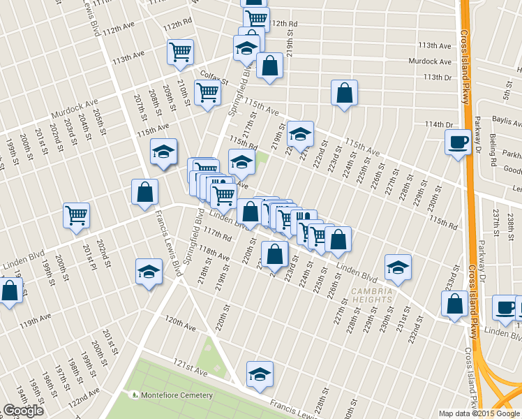 map of restaurants, bars, coffee shops, grocery stores, and more near 116-24 220th Street in Queens