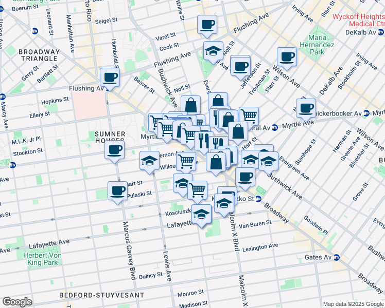 map of restaurants, bars, coffee shops, grocery stores, and more near 12 Ditmars Street in Brooklyn