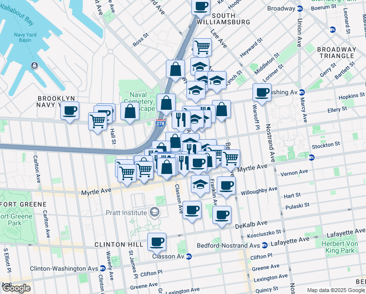 map of restaurants, bars, coffee shops, grocery stores, and more near 402 Park Avenue in Brooklyn