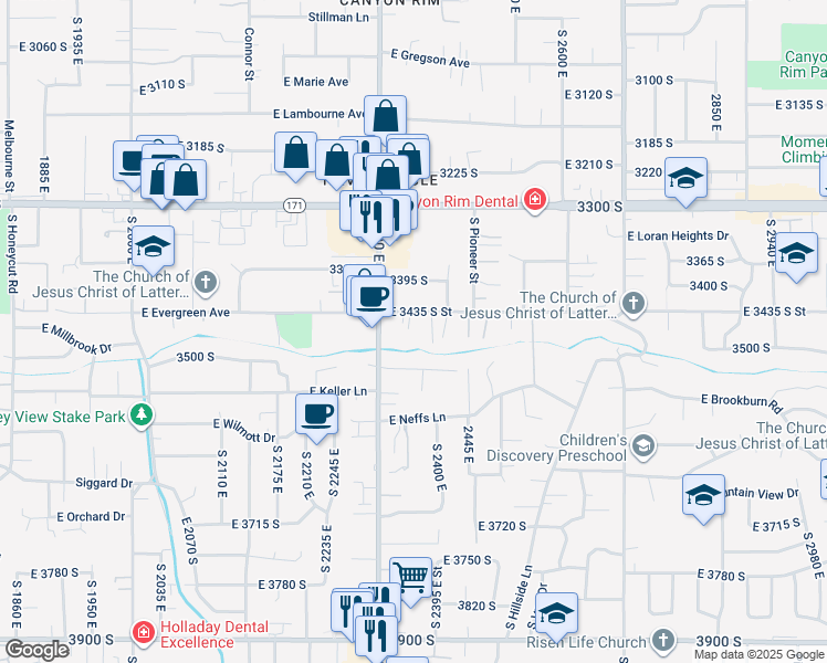 map of restaurants, bars, coffee shops, grocery stores, and more near 2342 East Evergreen Avenue in Salt Lake City