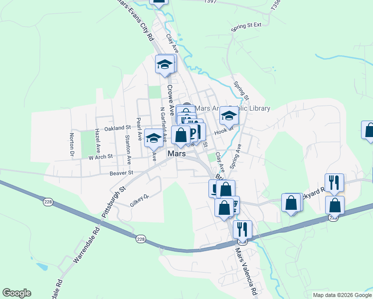 map of restaurants, bars, coffee shops, grocery stores, and more near 504 Pittsburgh Street in Mars