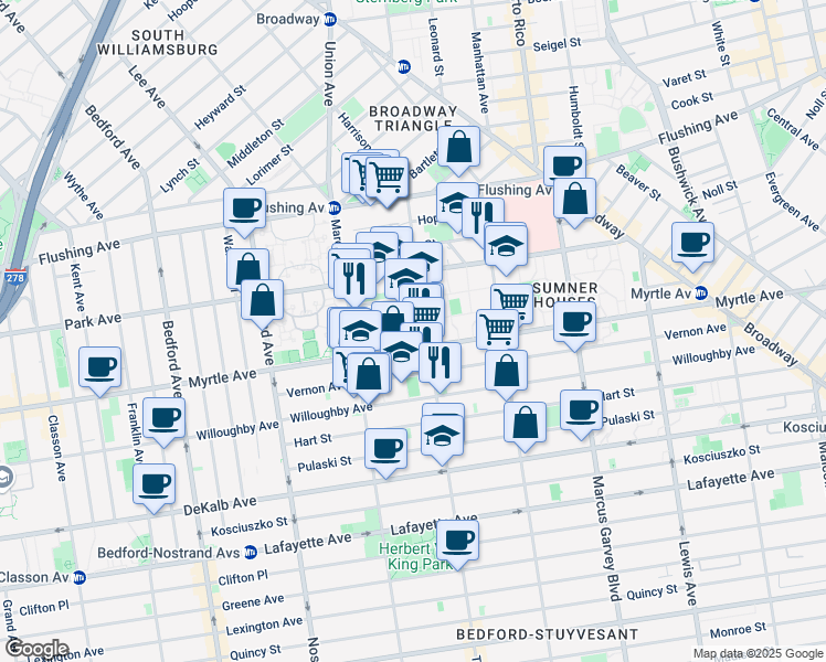 map of restaurants, bars, coffee shops, grocery stores, and more near 146 Stockton Street in Brooklyn