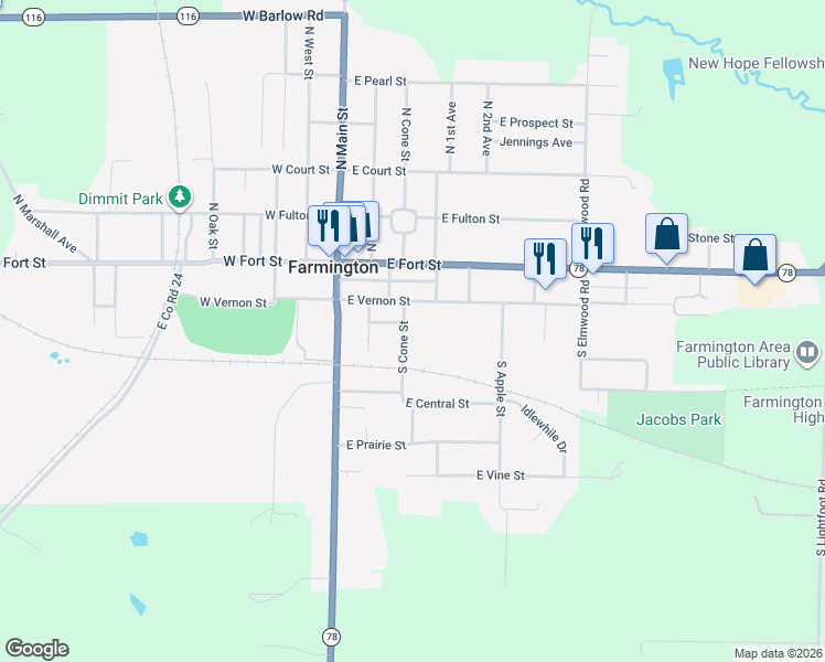 map of restaurants, bars, coffee shops, grocery stores, and more near 101-199 South Cone Street in Farmington