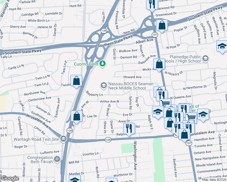 map of restaurants, bars, coffee shops, grocery stores, and more near 1140 Greenway Court in Seaford