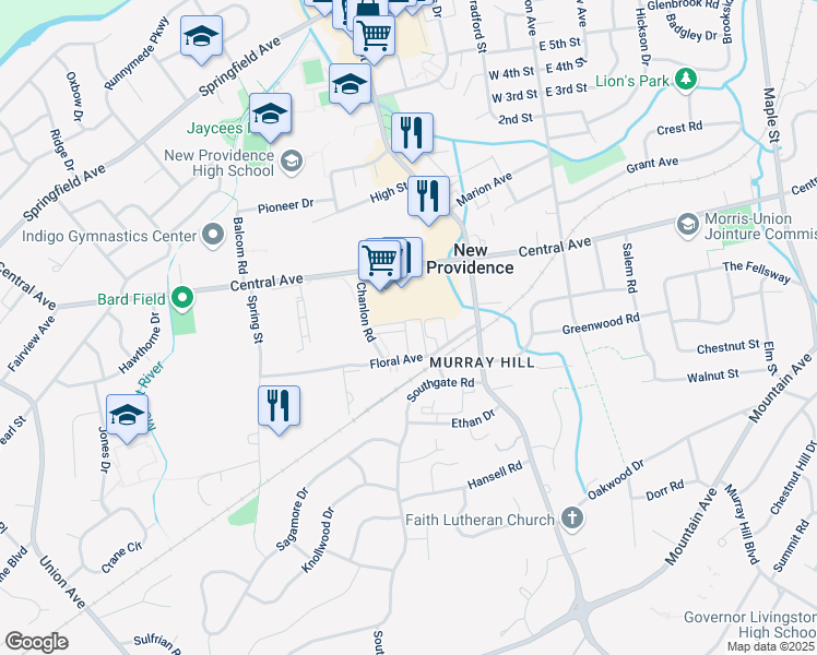 map of restaurants, bars, coffee shops, grocery stores, and more near 13 Murray Hill Square in New Providence