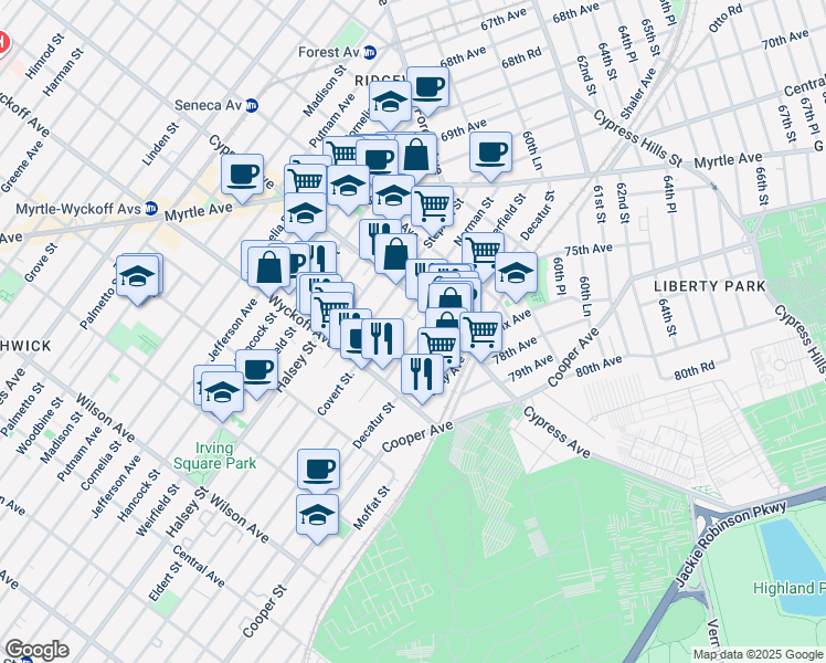 map of restaurants, bars, coffee shops, grocery stores, and more near 16-59 Norman Street in Queens