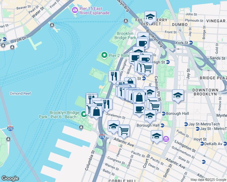 map of restaurants, bars, coffee shops, grocery stores, and more near Pierrepont Place in Brooklyn