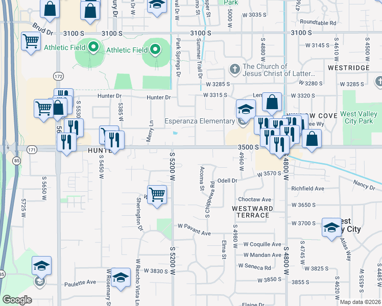 map of restaurants, bars, coffee shops, grocery stores, and more near 3512 South Carnegie Lane in West Valley City
