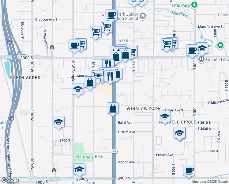 map of restaurants, bars, coffee shops, grocery stores, and more near 3443 State Street in South Salt Lake