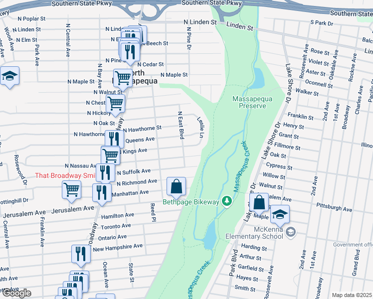 map of restaurants, bars, coffee shops, grocery stores, and more near 115 North Kings Avenue in Massapequa
